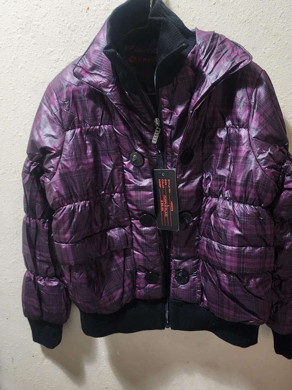 Brand New Hot Kiss Purple Plaid Puffer Jacket with Hoodand Big Buttons LARGE